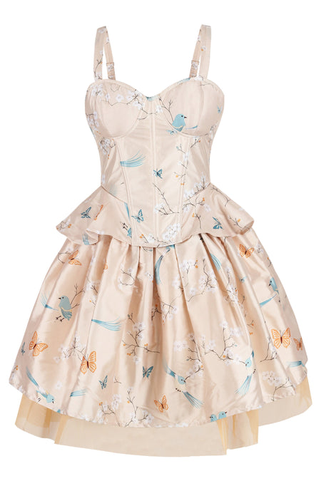 Peach Blossom Corset & Skirt Set with Birds and Butterflies