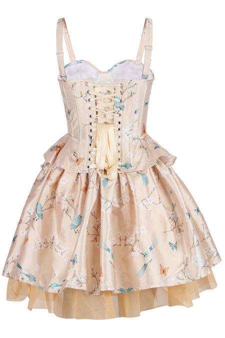 Peach Blossom Corset & Skirt Set with Birds and Butterflies