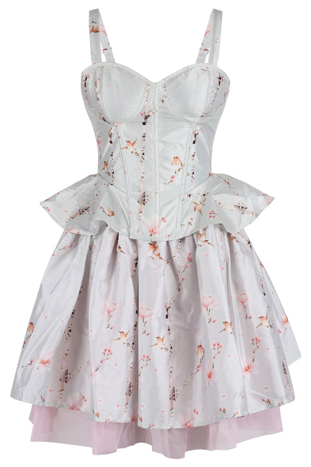Frosted Blossom Corset & Skirt Set with Soft Pink Bird Print