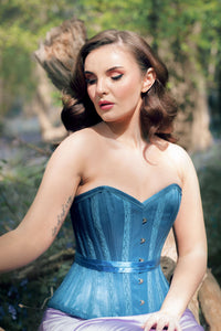 Blue Satin Overbust with Lace trim detailing