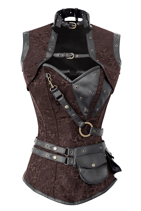 Brown Steampunk Overbust Corset with Black Faux Leather Harness and Utility Pouch