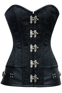 Gothic Black Brocade Longline Overbust Corset with Swing Hook Closure and Faux Leather Trim