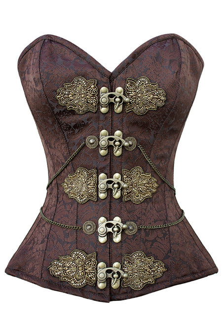 Ornate Brown Brocade Overbust Corset with Antique Brass Appliqués and Swing Hooks