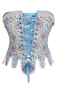 Handmade Steel Boned Corset with Scalloped Hem and Vibrant Mosaic Print