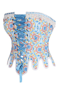 Handmade Steel Boned Corset with Scalloped Hem and Vibrant Mosaic Print