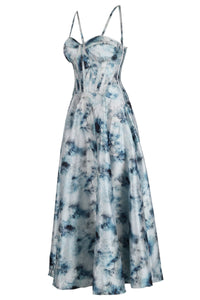 Watercolor Blue Corset Midi Dress with Shoulder Straps