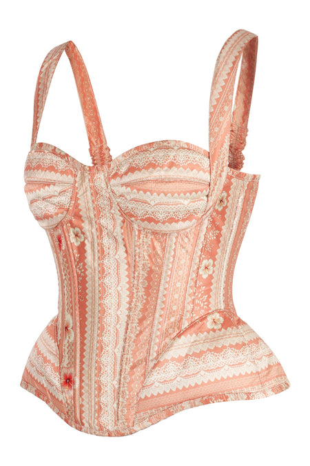 Peach Vintage Lace Print Shoulder Strap Corset
