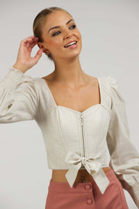 Corset Story SC-051 Blossom Oatmeal Linen Cropped Corset Top with Elasticated Back