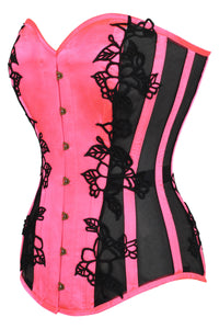 Hot Pink Longline Overbust Corset with Black Lace and Mesh Panels