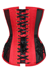 Lipstick Red Longline Overbust Corset with Black Lace and Mesh Panels