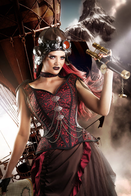 Red Brocade Closed Front Epaulettes Corset