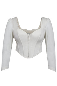 Theodora Whisper White Stretch Cotton Corset Top with Long Sleeves