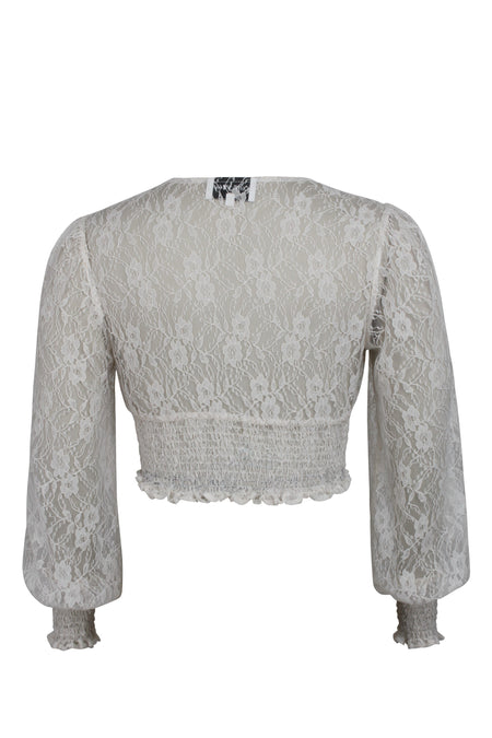 Pearl Whisper White Lace Cropped Top with Long Sleeves