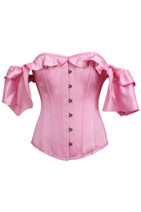 Corset Story TE-006 Pink Satin Corset Top with off the Shoulder Frilled Sleeves